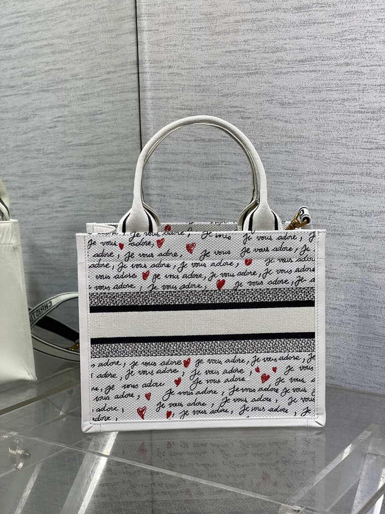 Small Dior Book Tote M1265 White Embroidery with Black and Red