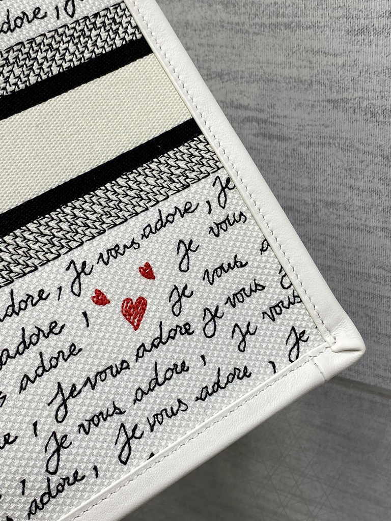 Small Dior Book Tote M1265 White Embroidery with Black and Red