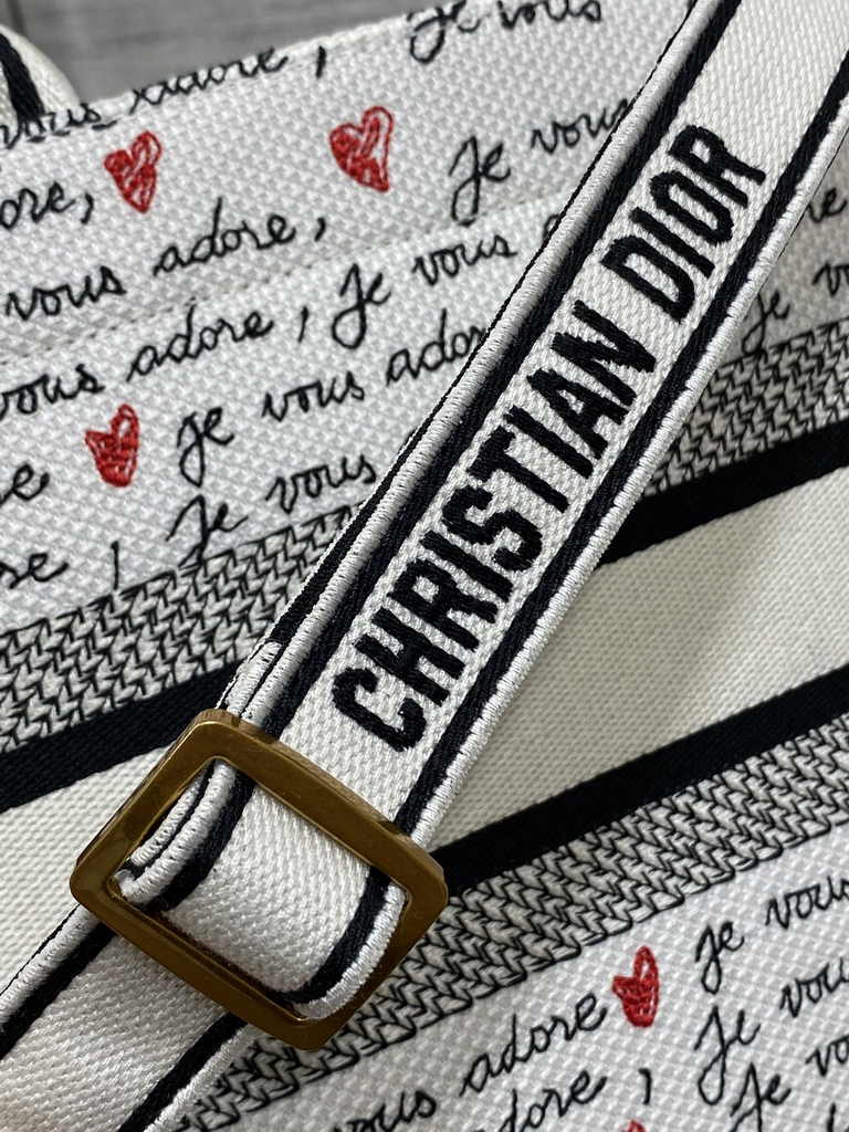 Small Dior Book Tote M1265 White Embroidery with Black and Red
