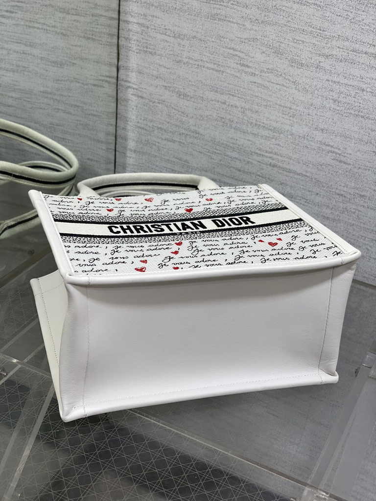 Small Dior Book Tote M1265 White Embroidery with Black and Red