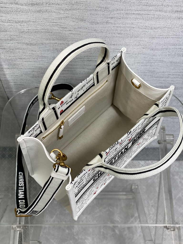 Small Dior Book Tote M1265 White Embroidery with Black and Red
