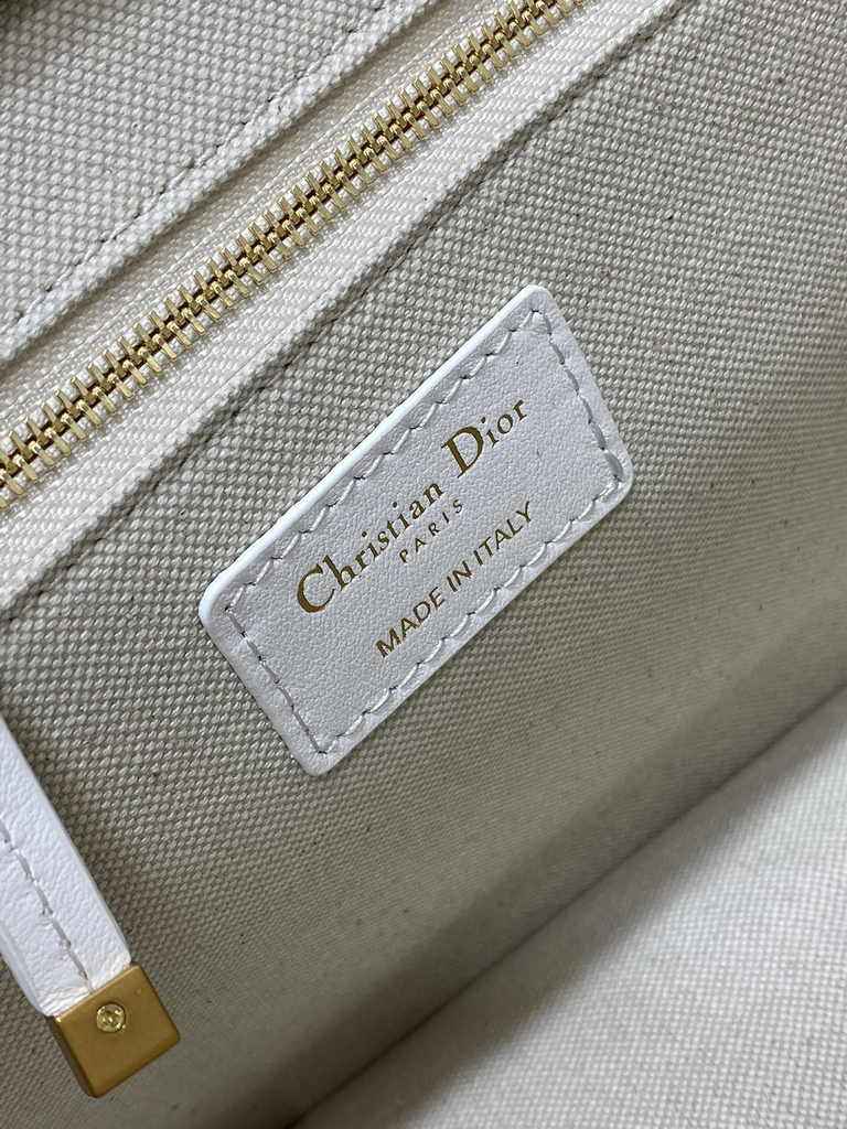 Small Dior Book Tote M1265 White Embroidery with Black and Red