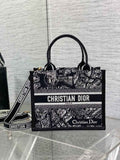 Small Dior Book Tote M1265 White and Black Plan de Paris Embroidery with Black Calfskin