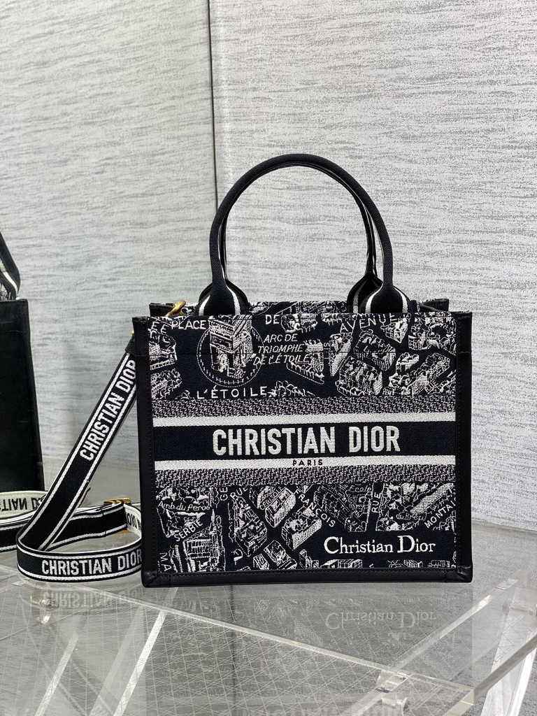 Small Dior Book Tote M1265 White and Black Plan de Paris Embroidery with Black Calfskin