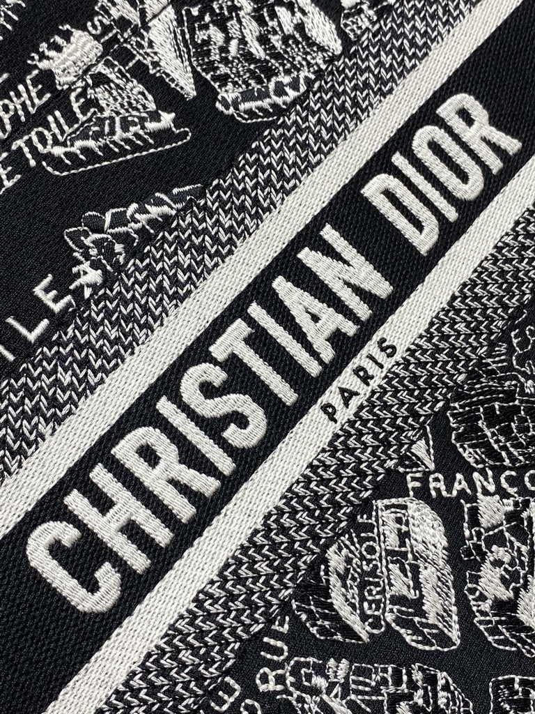 Small Dior Book Tote M1265 White and Black Plan de Paris Embroidery with Black Calfskin