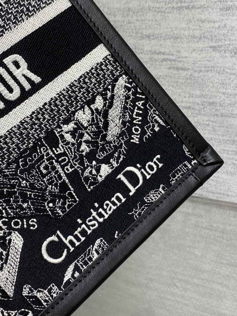 Small Dior Book Tote M1265 White and Black Plan de Paris Embroidery with Black Calfskin