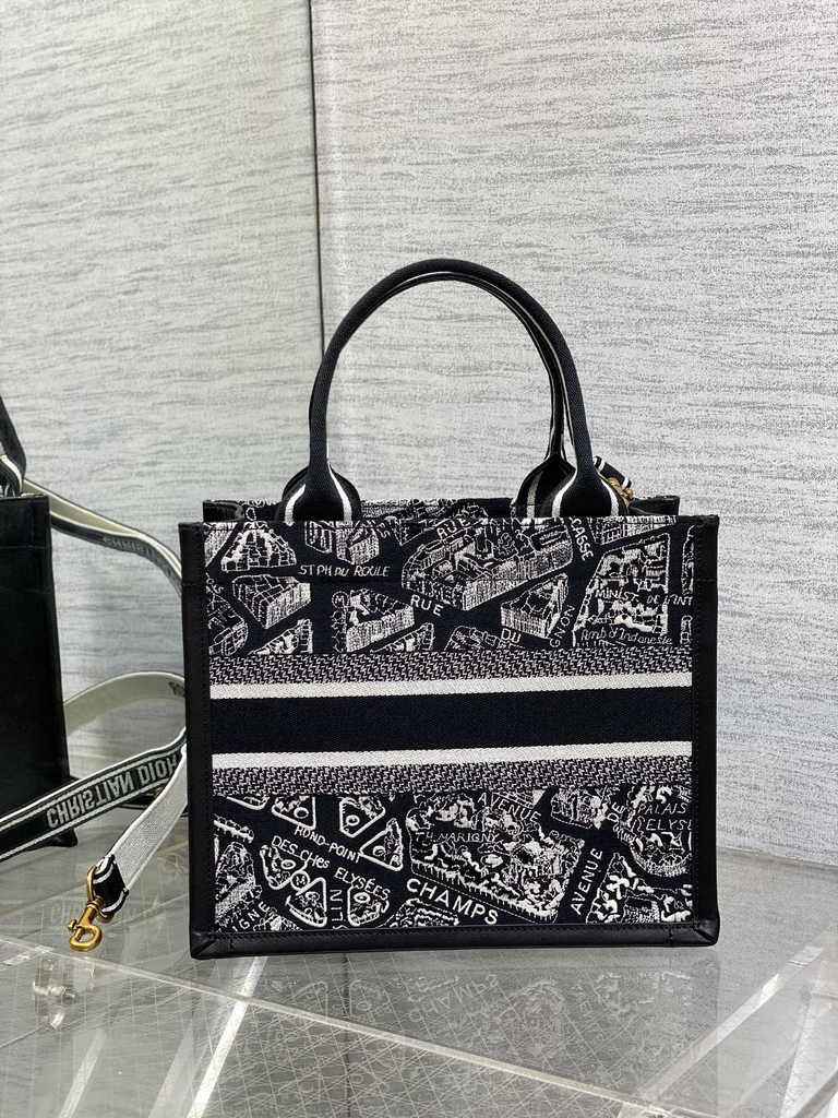 Small Dior Book Tote M1265 White and Black Plan de Paris Embroidery with Black Calfskin