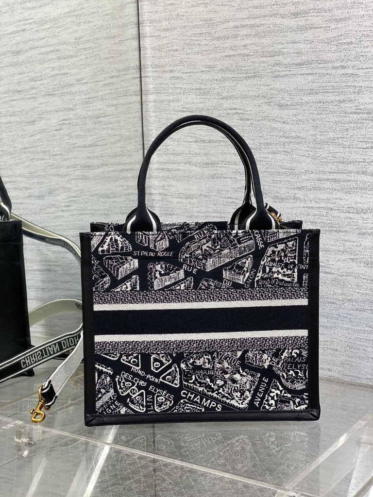 Small Dior Book Tote M1265 White and Black Plan de Paris Embroidery with Black Calfskin - Default Title - View 2