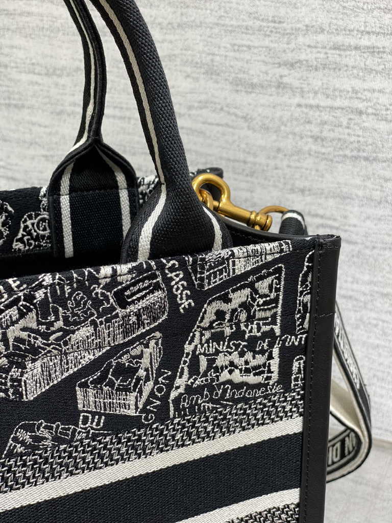 Small Dior Book Tote M1265 White and Black Plan de Paris Embroidery with Black Calfskin