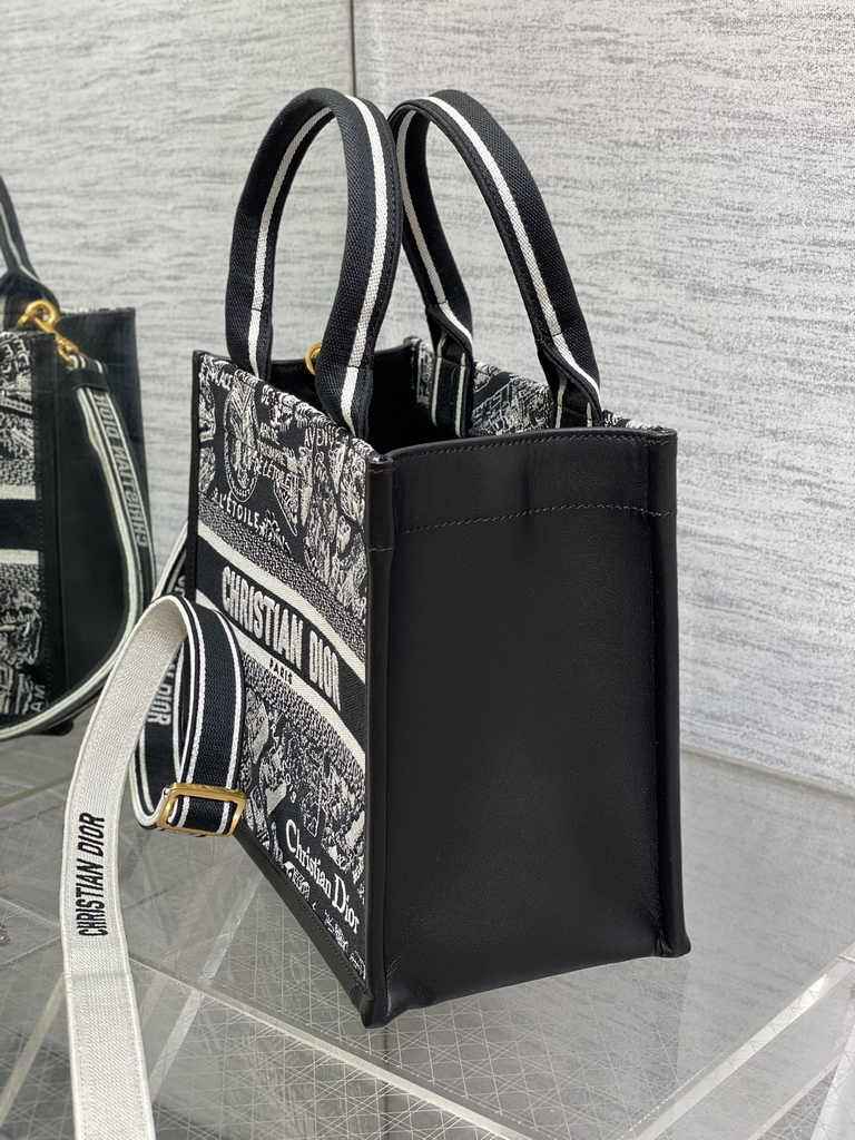 Small Dior Book Tote M1265 White and Black Plan de Paris Embroidery with Black Calfskin