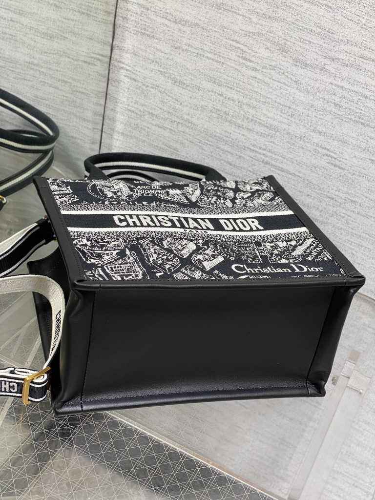 Small Dior Book Tote M1265 White and Black Plan de Paris Embroidery with Black Calfskin