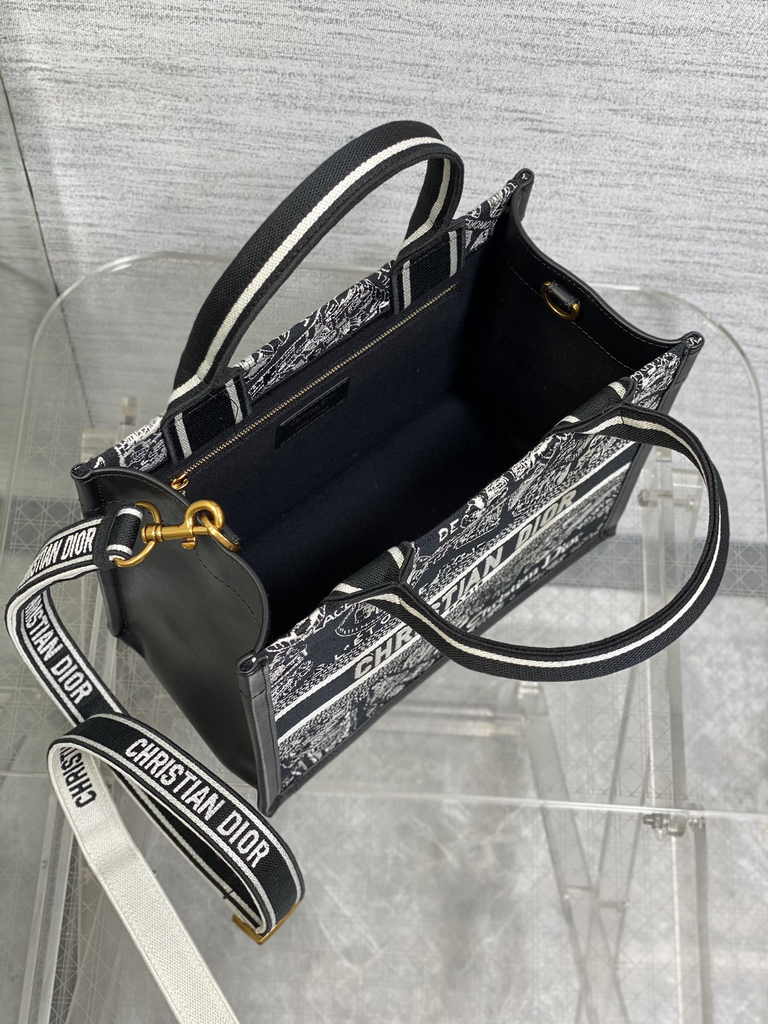 Small Dior Book Tote M1265 White and Black Plan de Paris Embroidery with Black Calfskin