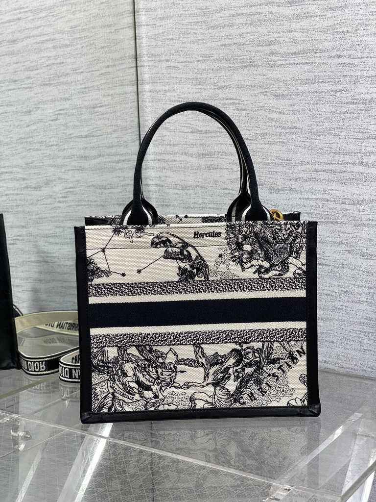 Small Dior Book Tote M1265 Latte Multicolor Dior Zodiac Embroidery and Black Calfskin