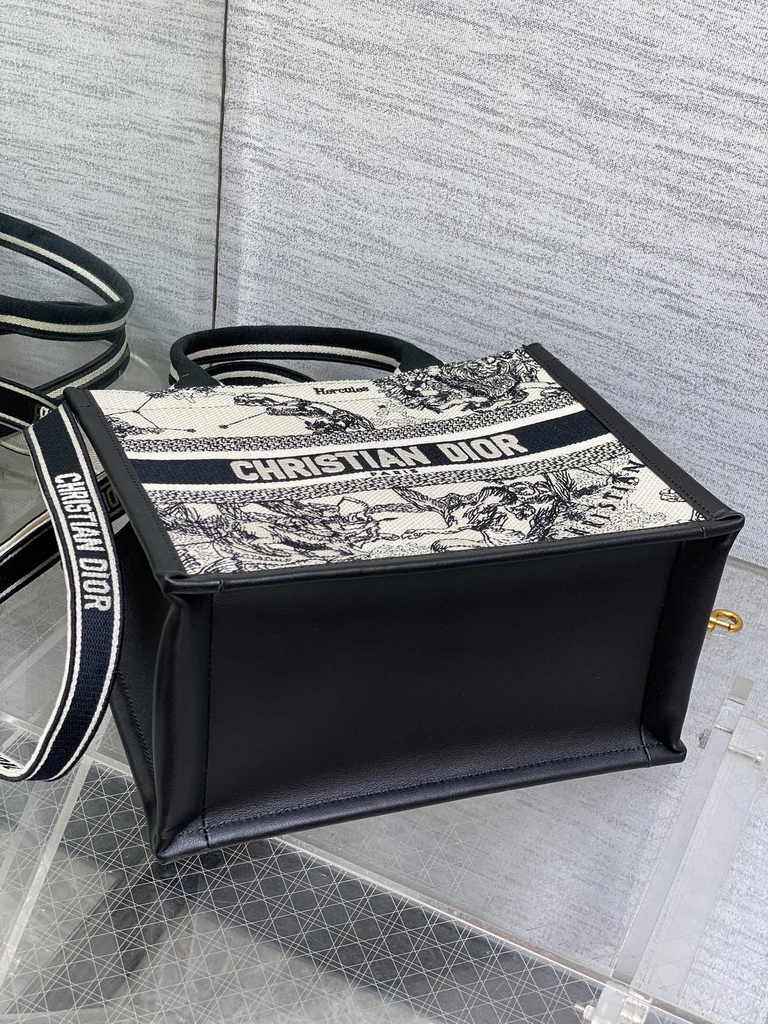 Small Dior Book Tote M1265 Latte Multicolor Dior Zodiac Embroidery and Black Calfskin