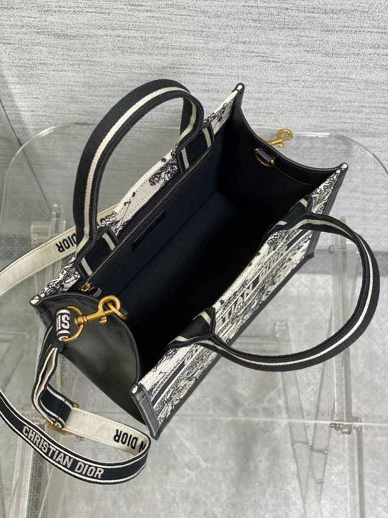 Small Dior Book Tote M1265 Latte Multicolor Dior Zodiac Embroidery and Black Calfskin