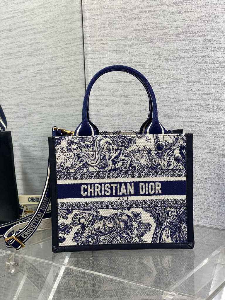 Small Dior Book Tote M1265 White and Navy Blue Toile de Jouy Sauvage Embroidery