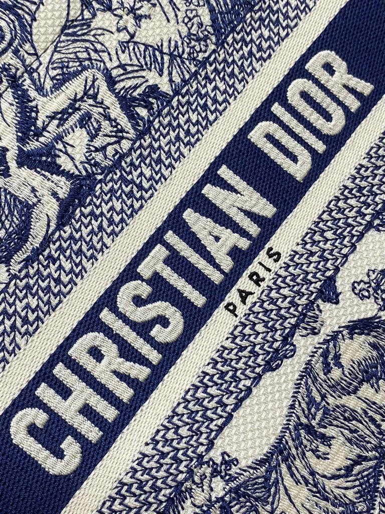 Small Dior Book Tote M1265 White and Navy Blue Toile de Jouy Sauvage Embroidery