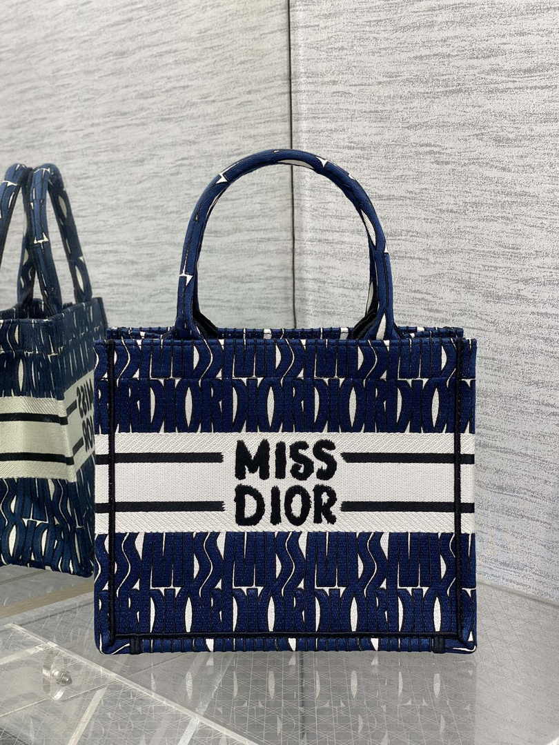 Small Dior Book Tote M1265 Blue and White Miss Dior Allover Embroidery