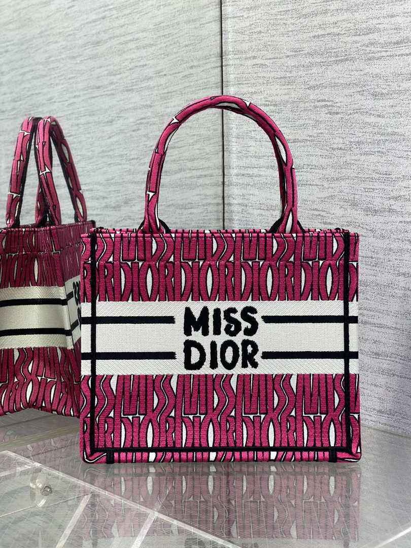 Small Dior Book Tote M1265 Pink and White Miss Dior Allover Embroidery