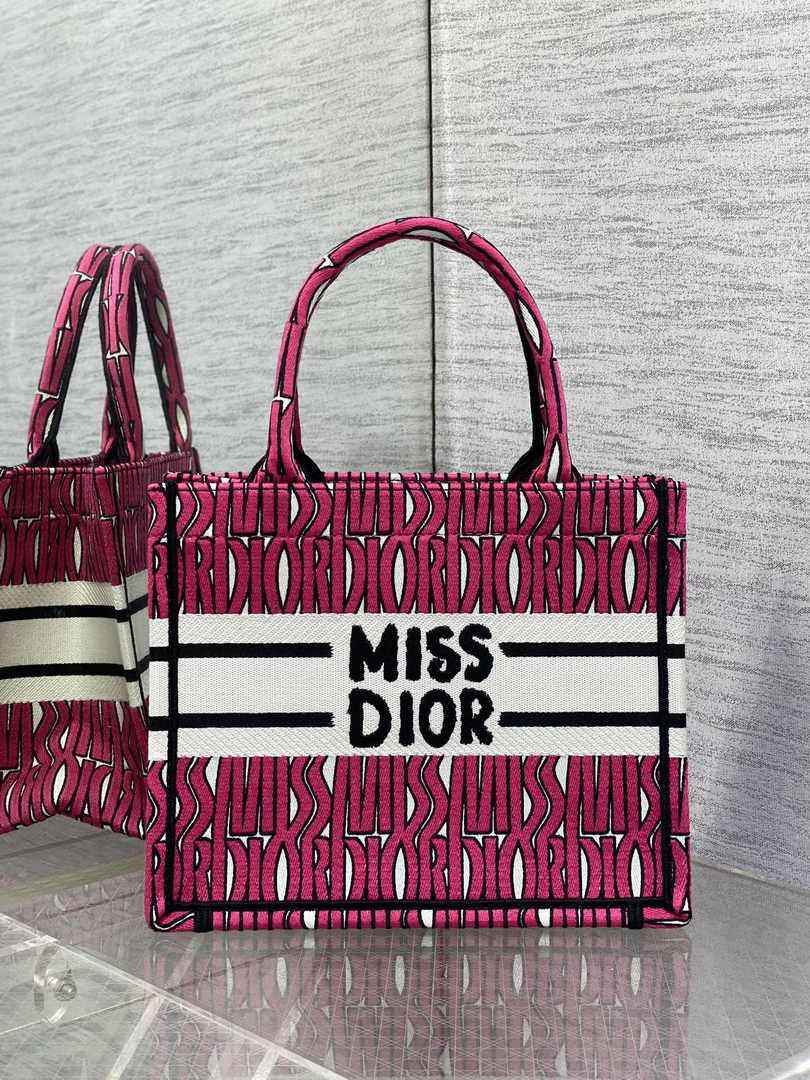 Small Dior Book Tote M1265 Pink and White Miss Dior Allover Embroidery