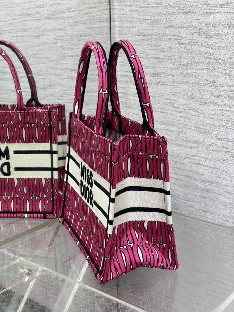 Small Dior Book Tote M1265 Pink and White Miss Dior Allover Embroidery