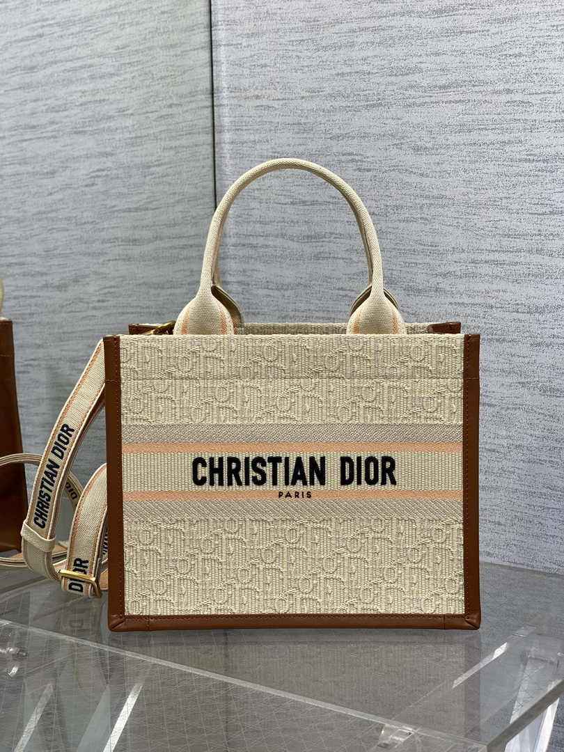 Small Dior Book Tote M1325 Beige Dior Oblique Embroidered Raffia and Camel Calfskin