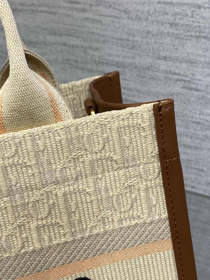 Small Dior Book Tote M1325 Beige Dior Oblique Embroidered Raffia and Camel Calfskin