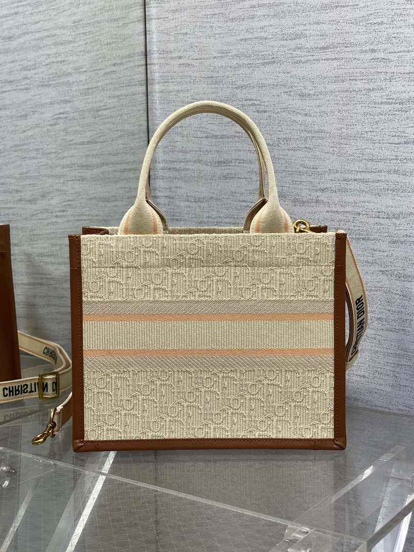 Small Dior Book Tote M1325 Beige Dior Oblique Embroidered Raffia and Camel Calfskin