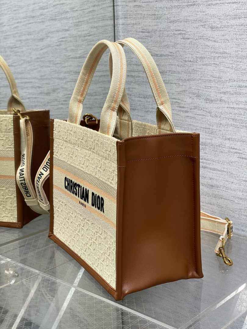 Small Dior Book Tote M1325 Beige Dior Oblique Embroidered Raffia and Camel Calfskin