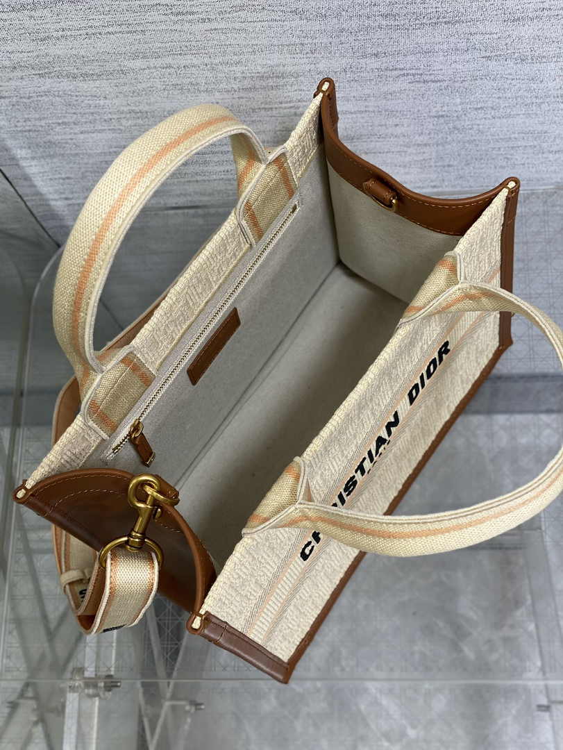 Small Dior Book Tote M1325 Beige Dior Oblique Embroidered Raffia and Camel Calfskin