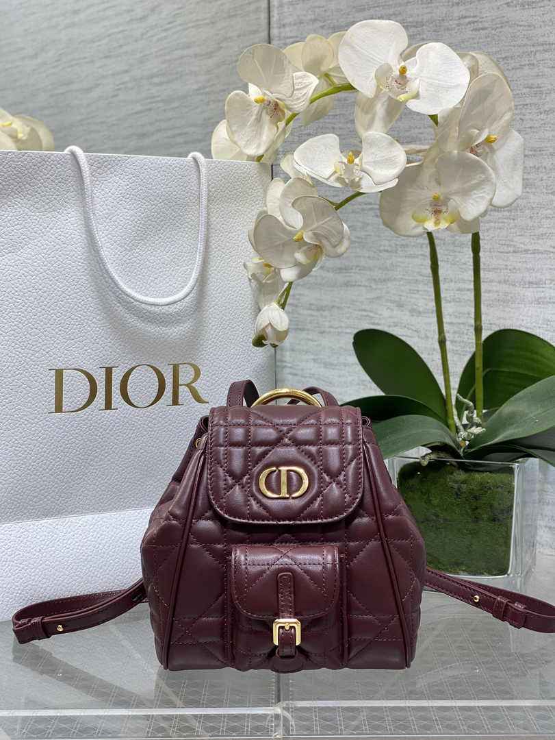 Small Dior Caro Backpack M6302 Wine Red Macrocannage Lambskin - Default Title - View 1