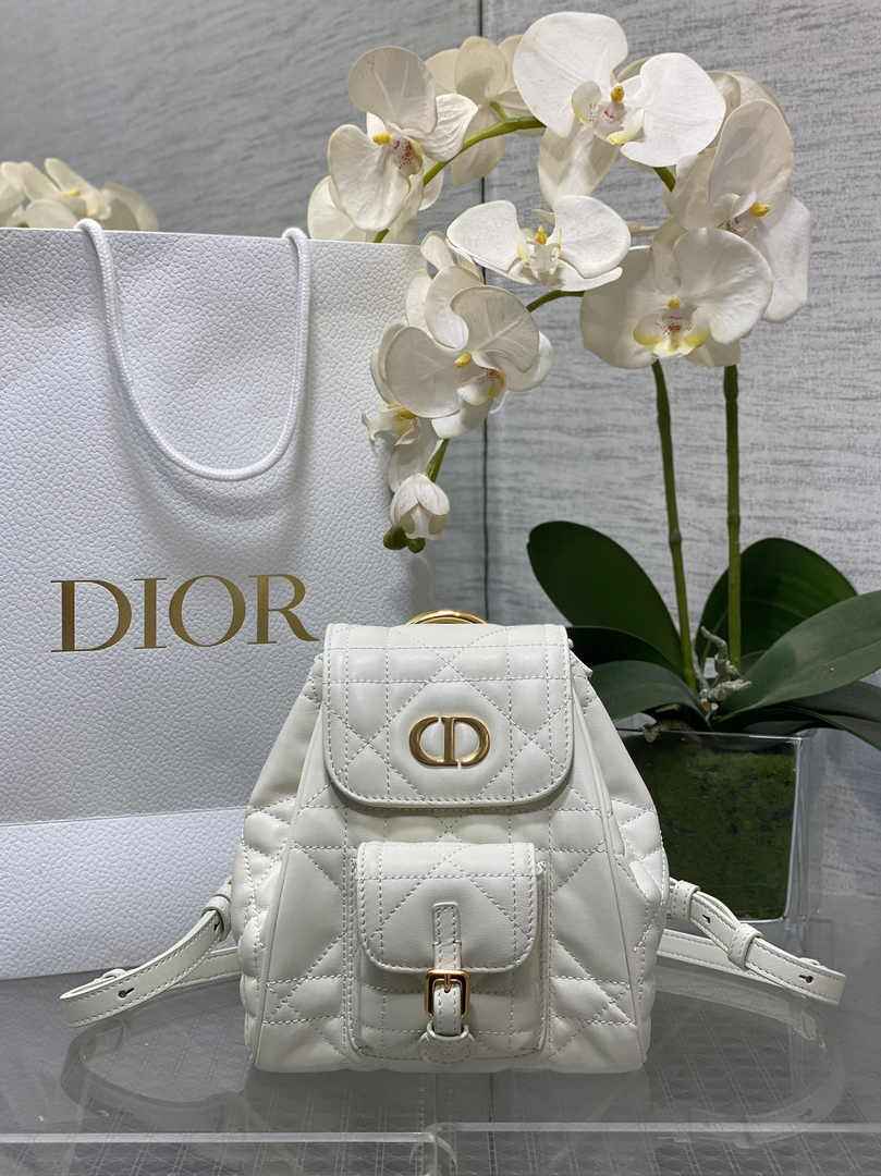 Small Dior Caro Backpack M6302 Beige Macrocannage Lambskin - Default Title - View 1