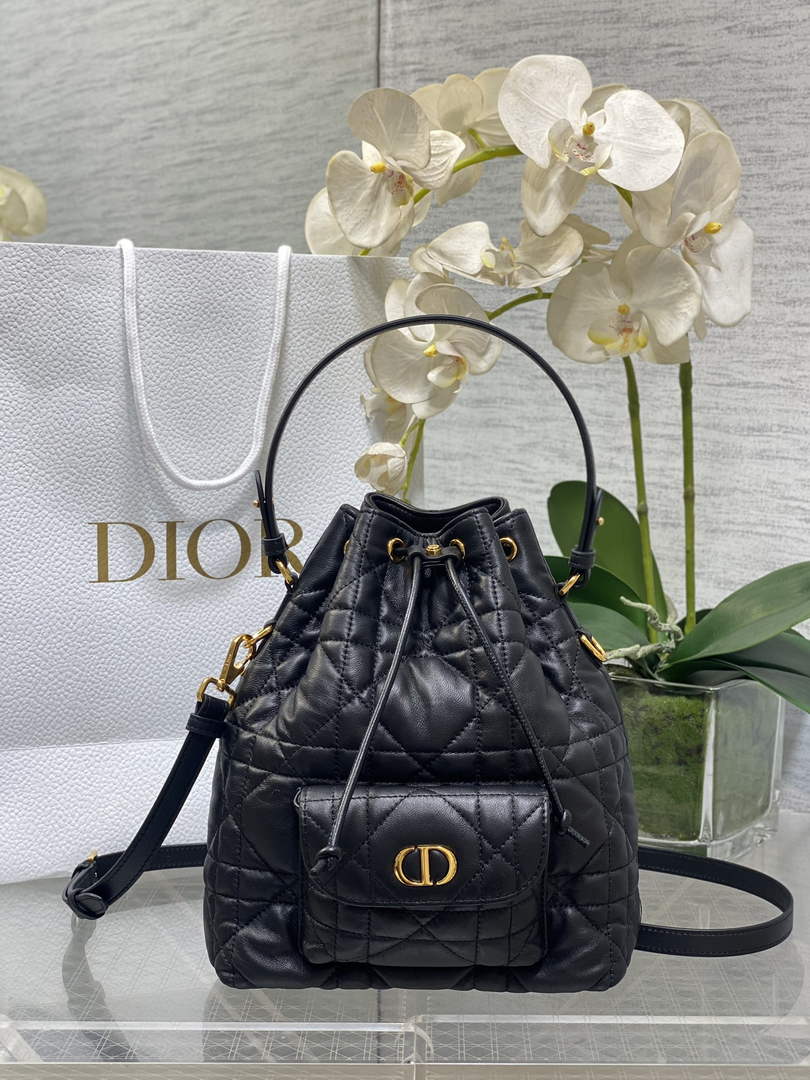 Small Dior Caro Bucket Bag Black Lambskin M3372 - Default Title - View 1