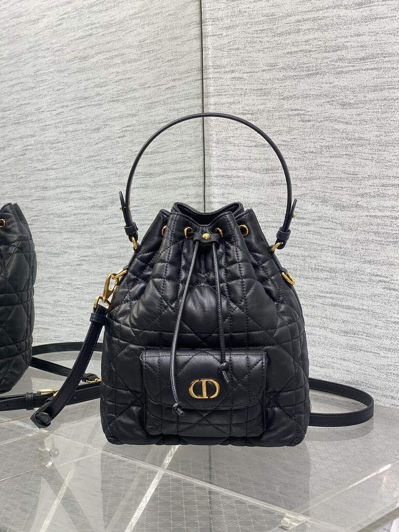 Small Dior Caro Bucket Bag Black Lambskin M3372 - Default Title - View 2