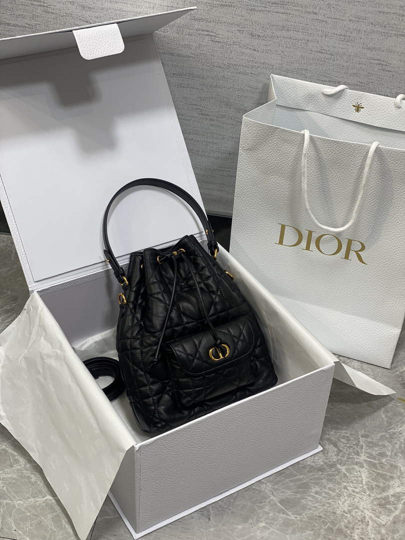Small Dior Caro Bucket Bag Black Lambskin M3372 - Default Title - View 10