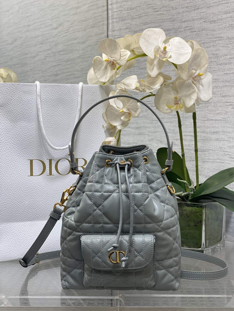 Small Dior Caro Bucket Bag Gray Lambskin M3372 - Default Title - View 1