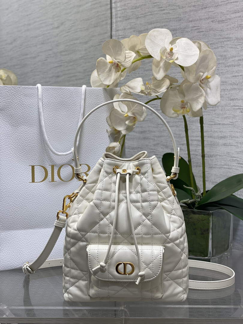 Small Dior Caro Bucket Bag White Lambskin M3372 - Default Title - View 1