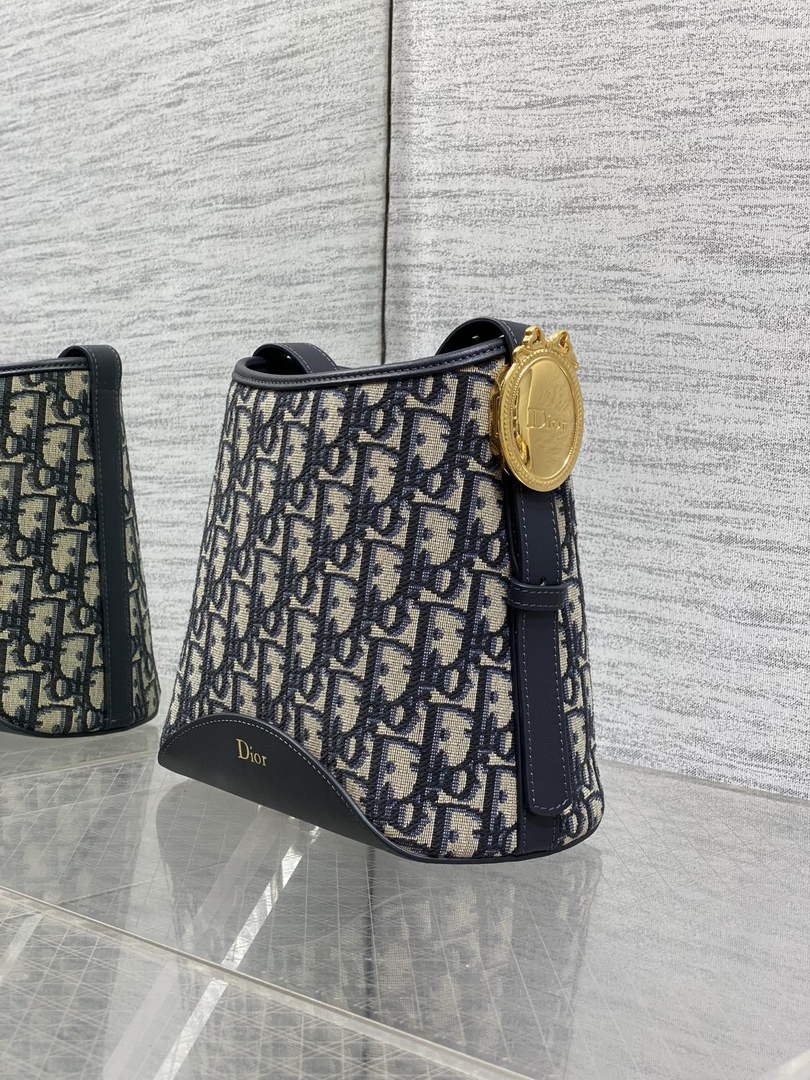Small Dior Médaillon Bucket Bag - Blue Oblique Jacquard M1531 - Default Title - View 7