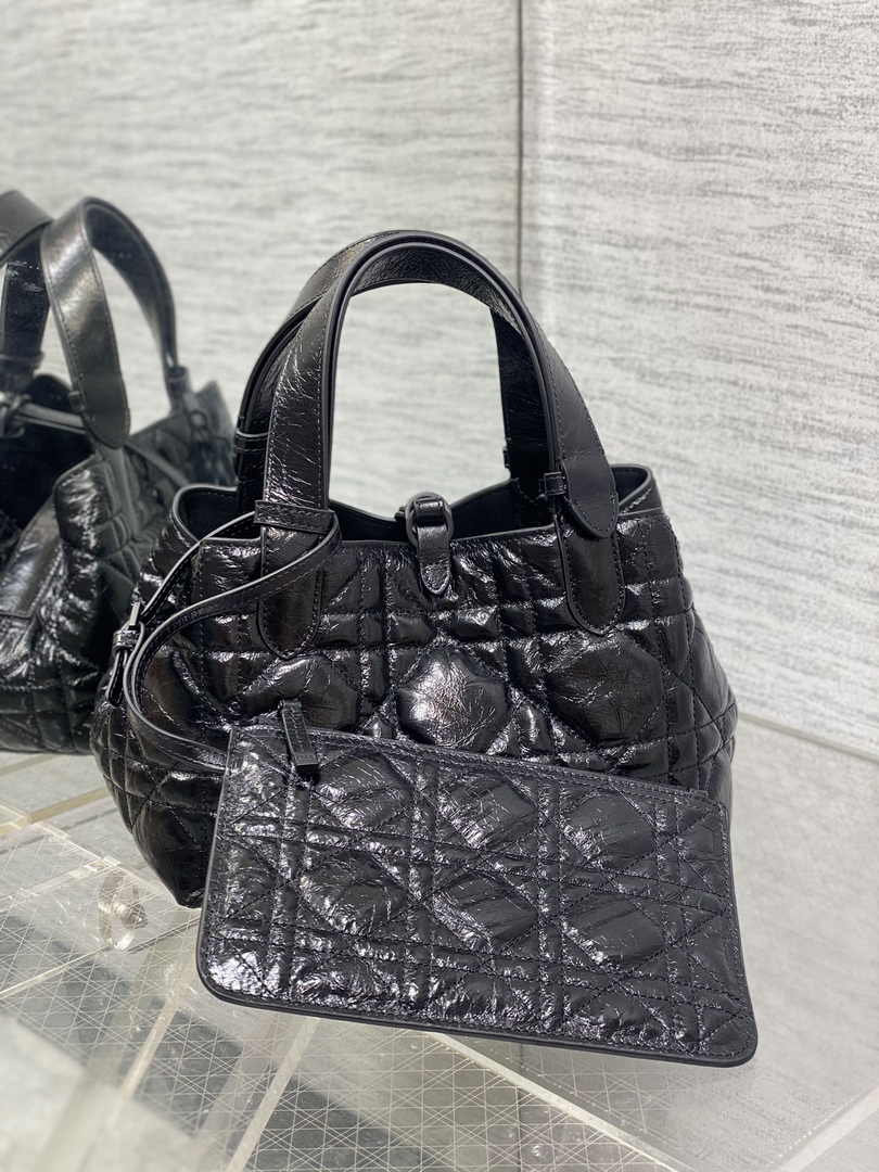 Small Dior Toujours Bag M2822 Black Macrocannage Crinkled Calfskin