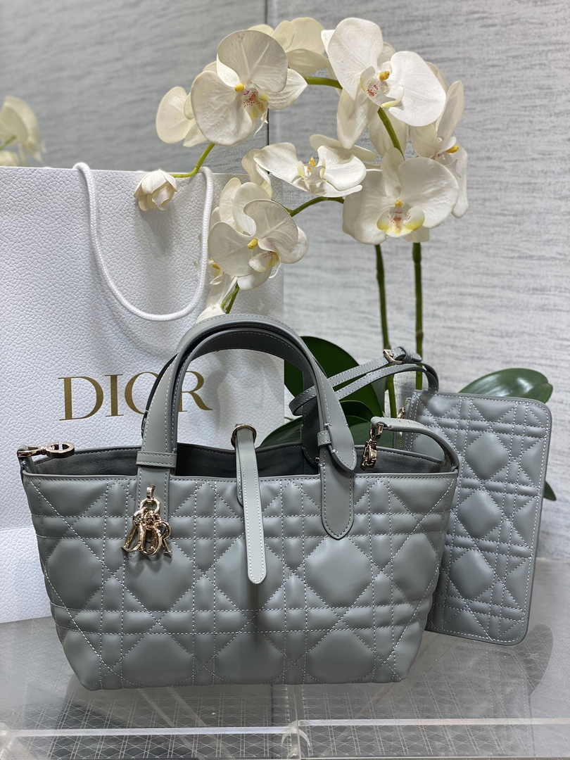 Small Dior Toujours Bag M2822 Gray Macrocannage Calfskin - Default Title - View 1