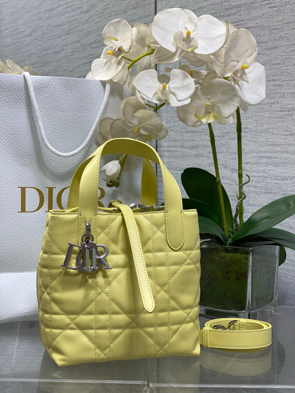Small Dior Toujours Vertical Tote Bag - M2835 - Yellow Macrocannage Calfskin - Default Title - View 1