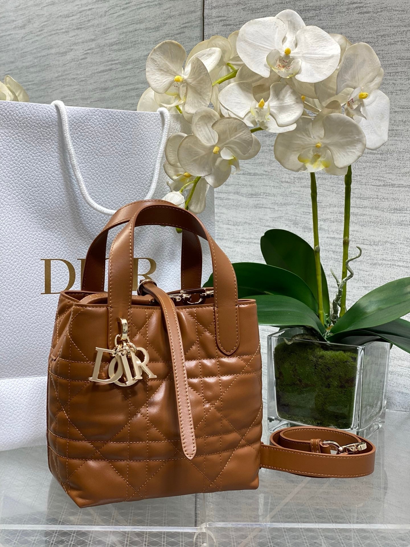 Small Dior Toujours Vertical Tote Bag – Brown Macrocannage Calfskin – M2835 - Default Title - View 1