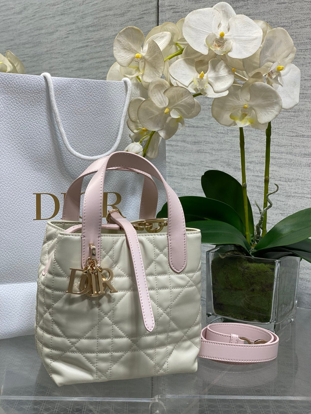 Small Dior Toujours Vertical Tote Bag - Latte and Pink Macrocannage Calfskin – M2835 - Default Title - View 1