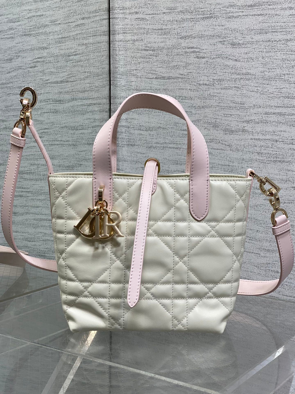 Small Dior Toujours Vertical Tote Bag - Latte and Pink Macrocannage Calfskin – M2835 - Default Title - View 2