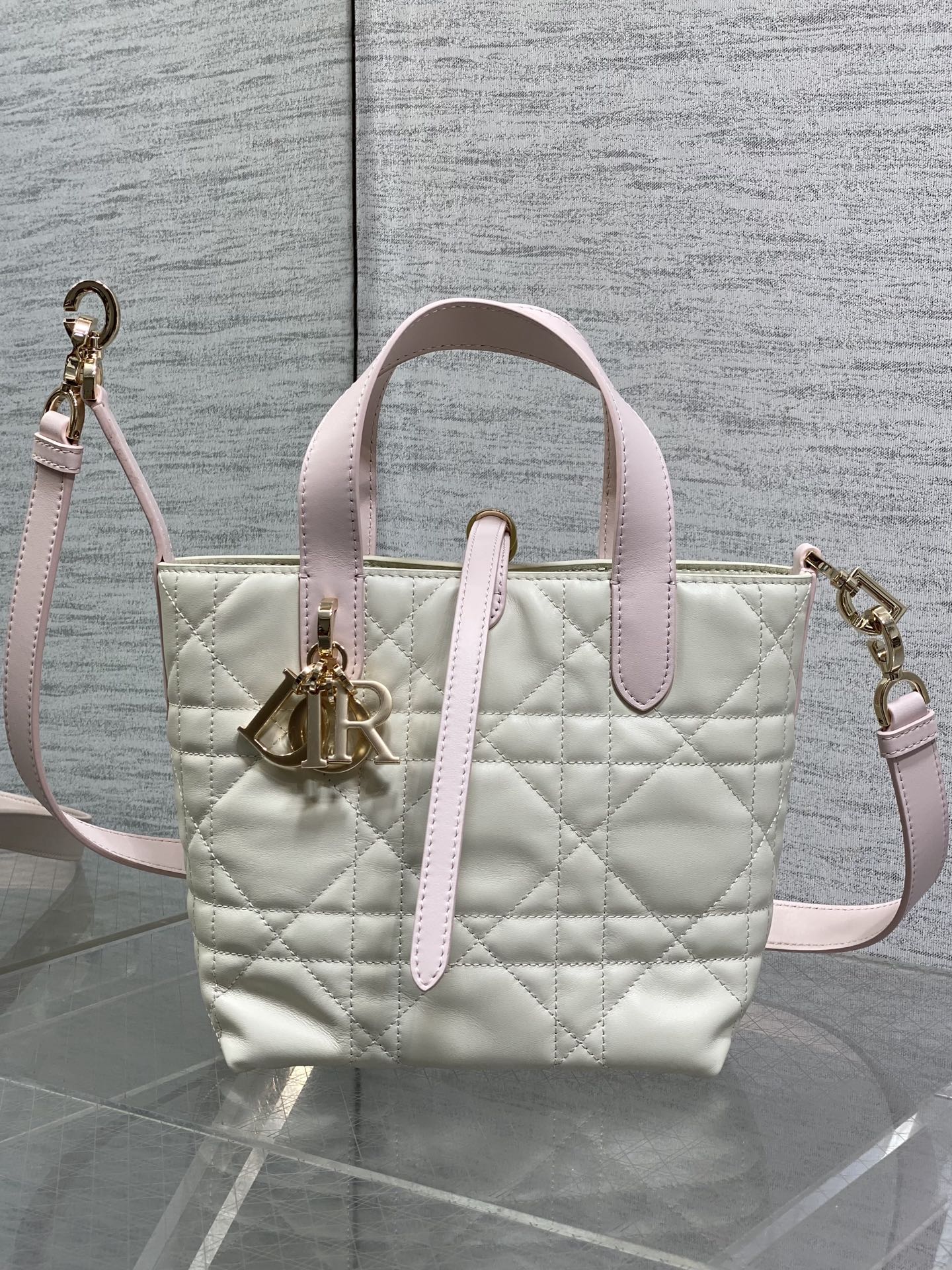Small Dior Toujours Vertical Tote Bag - Latte and Pink Macrocannage Calfskin – M2835 - Default Title - View 2