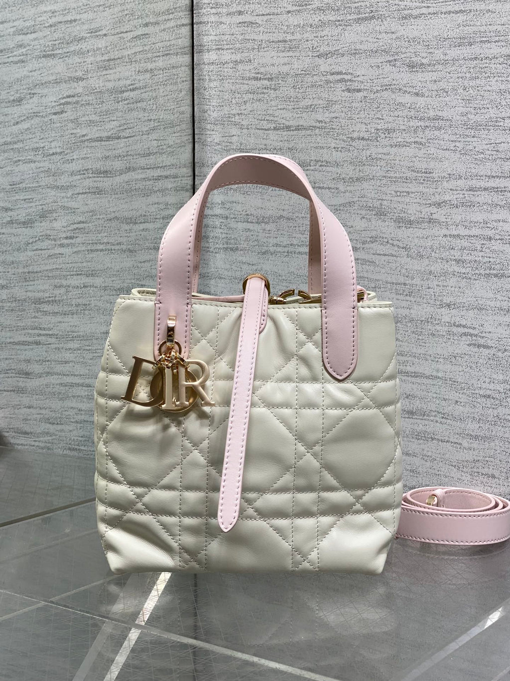 Small Dior Toujours Vertical Tote Bag - Latte and Pink Macrocannage Calfskin – M2835 - Default Title - View 3