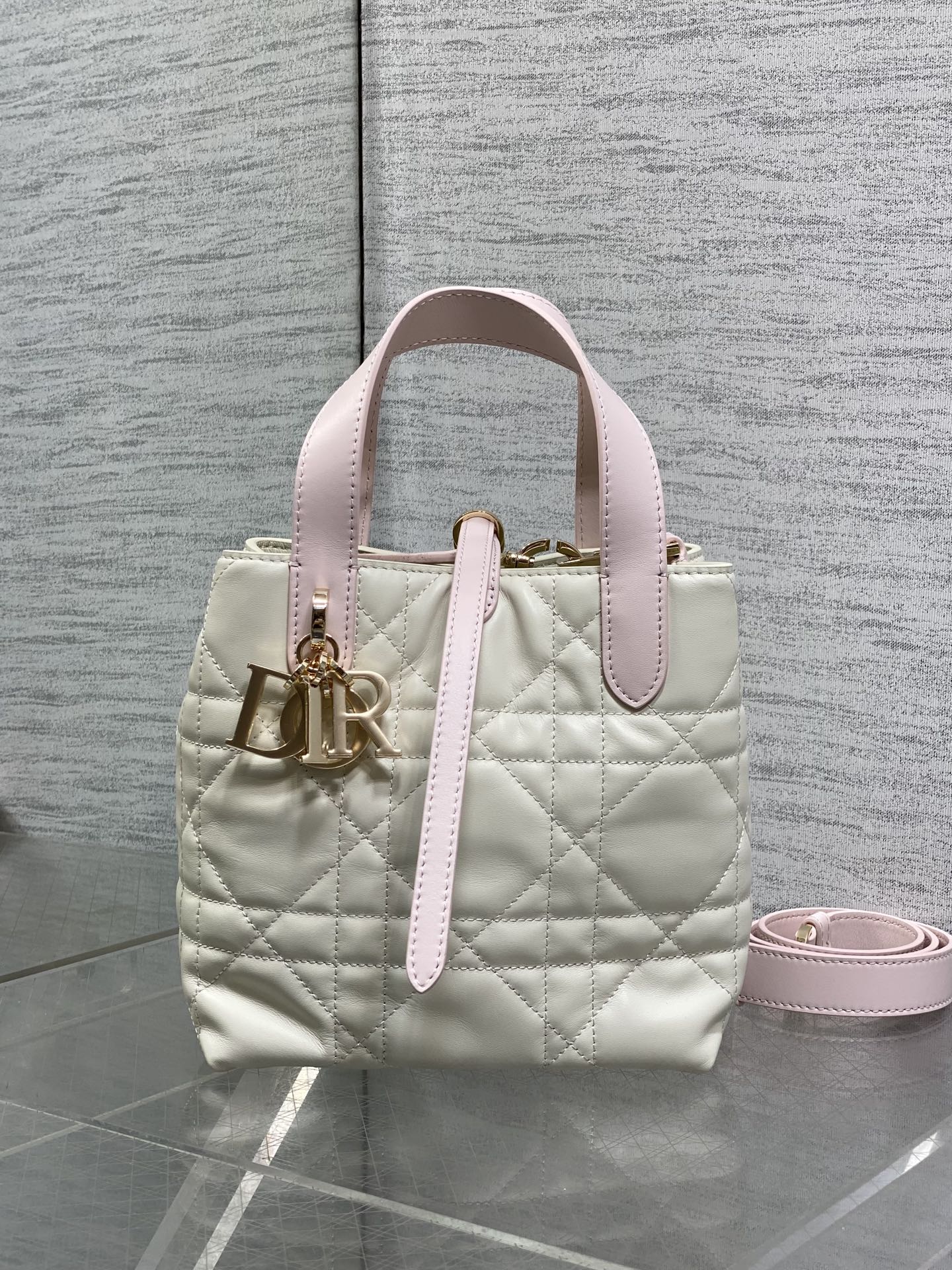 Small Dior Toujours Vertical Tote Bag - Latte and Pink Macrocannage Calfskin – M2835 - Default Title - View 3