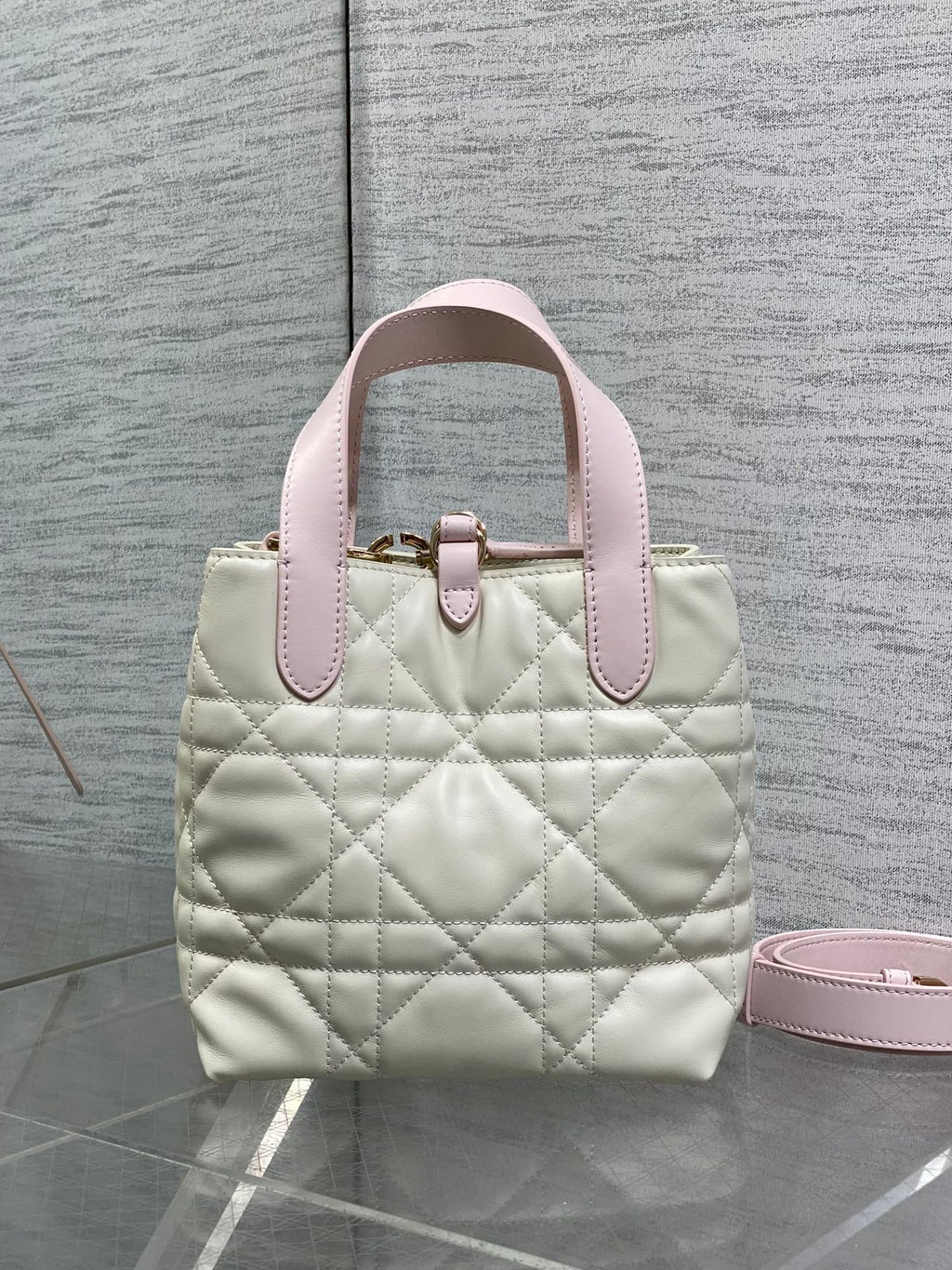 Small Dior Toujours Vertical Tote Bag - Latte and Pink Macrocannage Calfskin – M2835 - Default Title - View 5