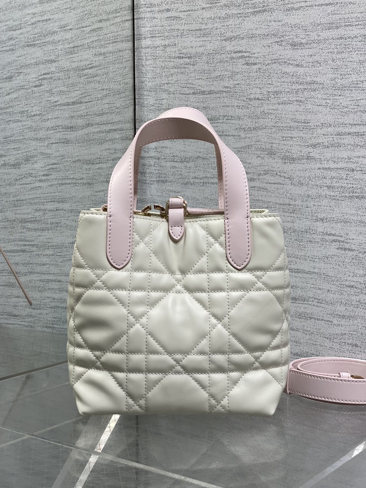 Small Dior Toujours Vertical Tote Bag - Latte and Pink Macrocannage Calfskin – M2835 - Default Title - View 5