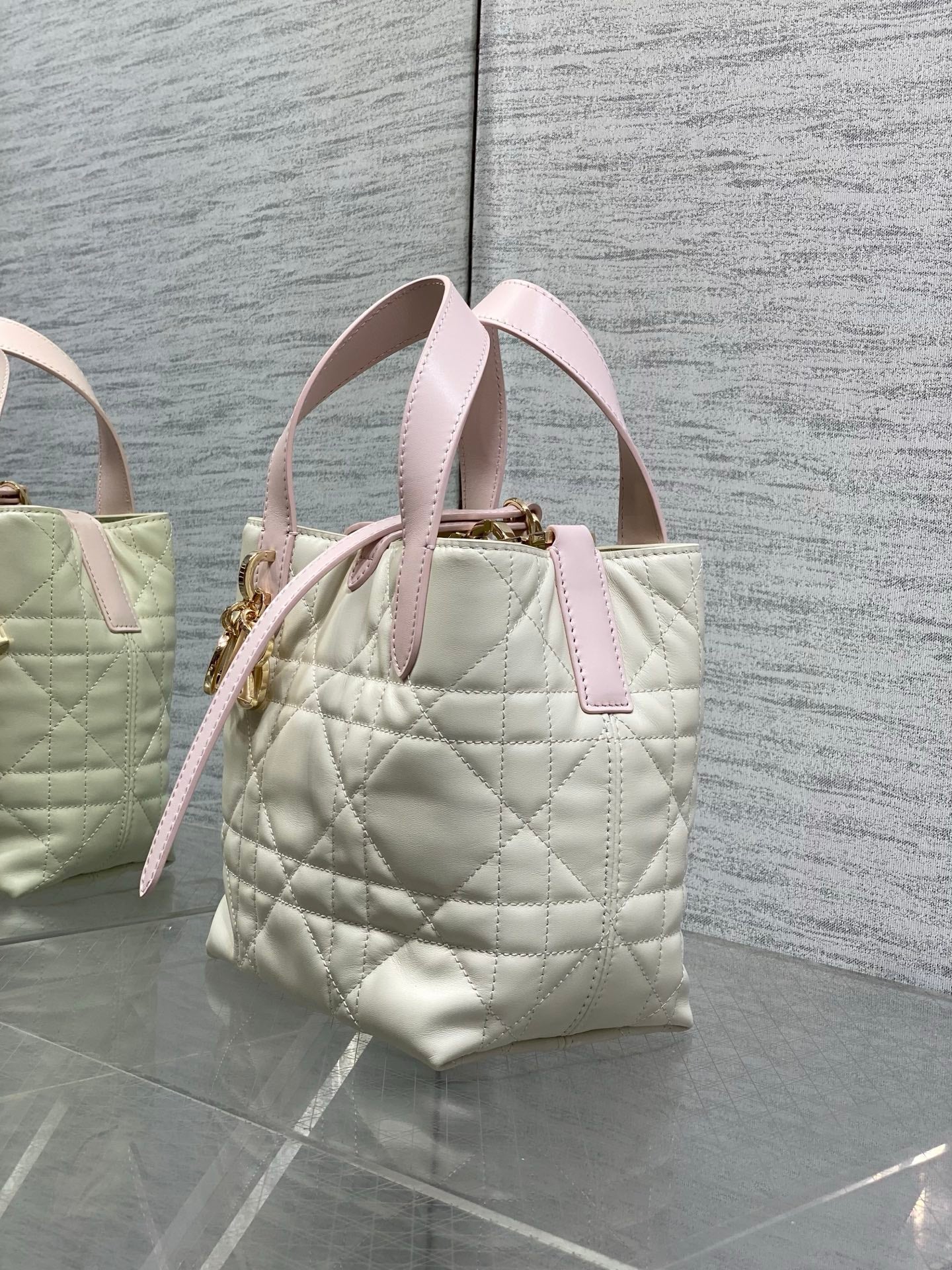 Small Dior Toujours Vertical Tote Bag - Latte and Pink Macrocannage Calfskin – M2835 - Default Title - View 7